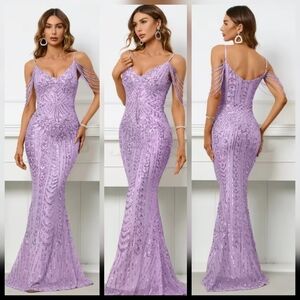 Glamorous Lavender Beaded Evening Gown